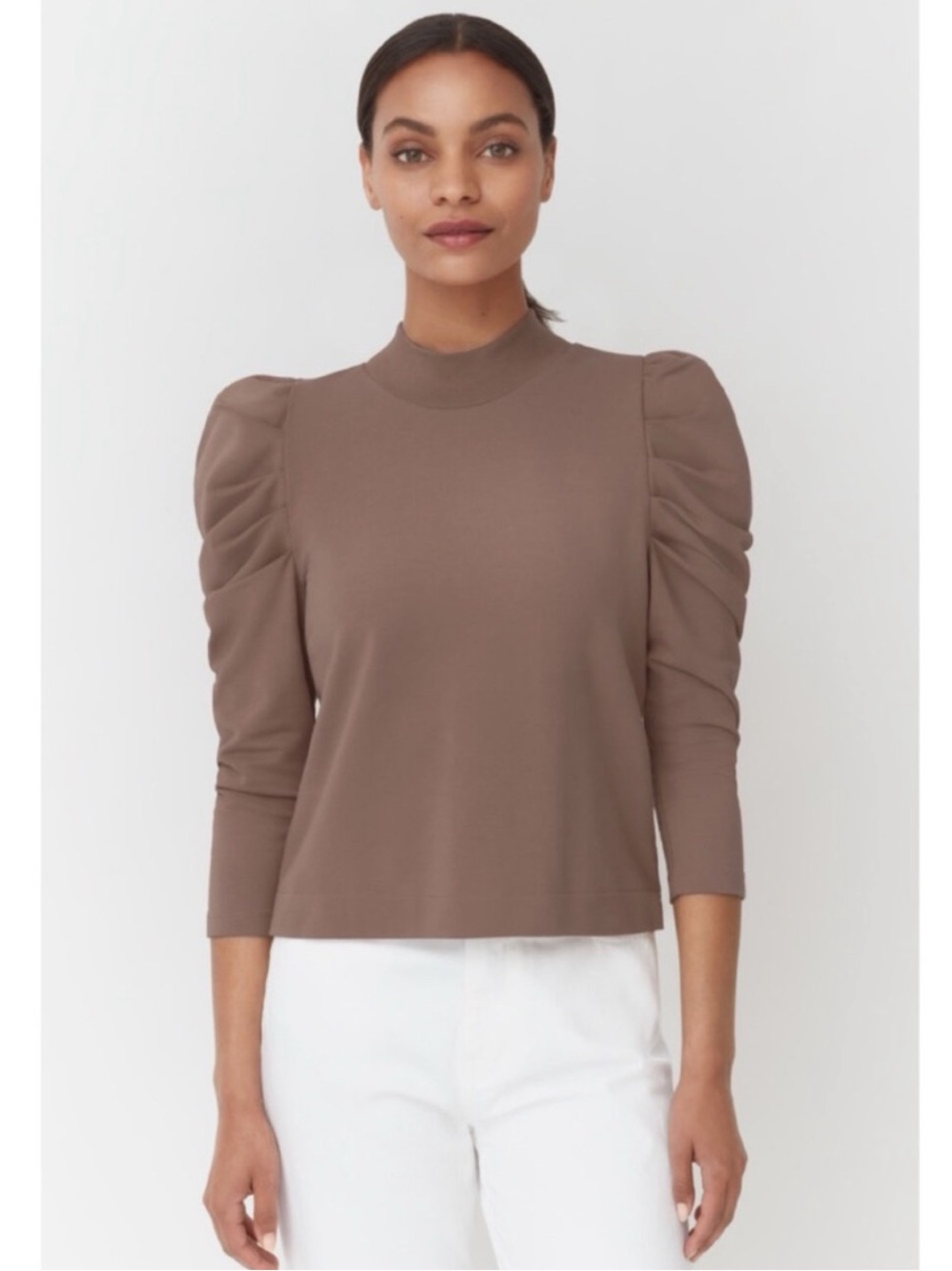 Cuyana Taupe Puff-Sleeve Mock Neck Sweatshirt